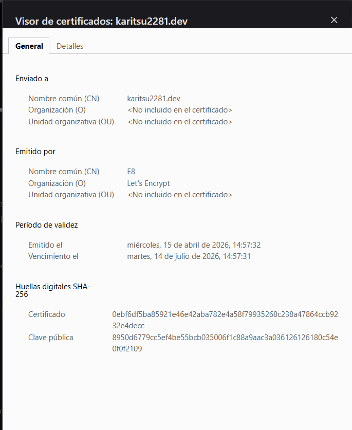 Datos certificado Let&rsquo;s Encrypt